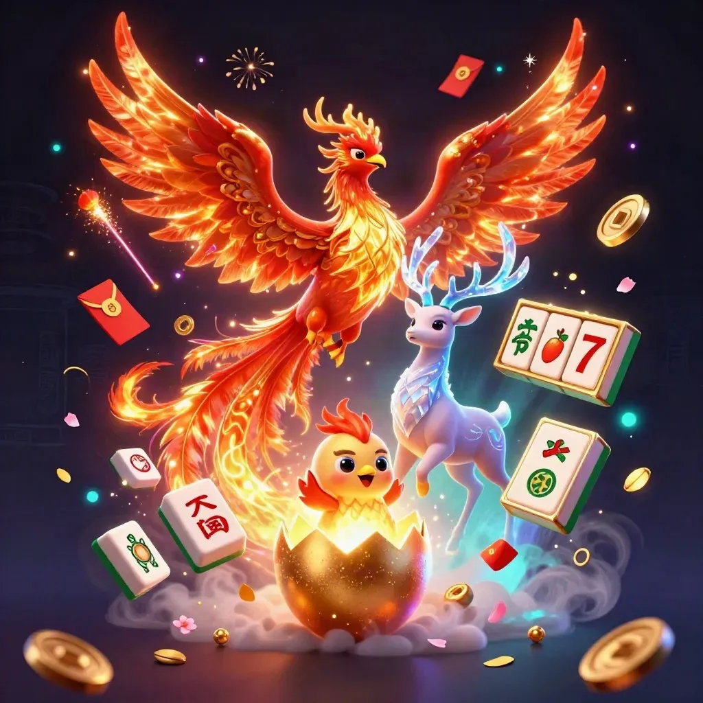 Phoenix, baby phoenix, and crystal stag amid casino treasures on a dark glowing backdrop.