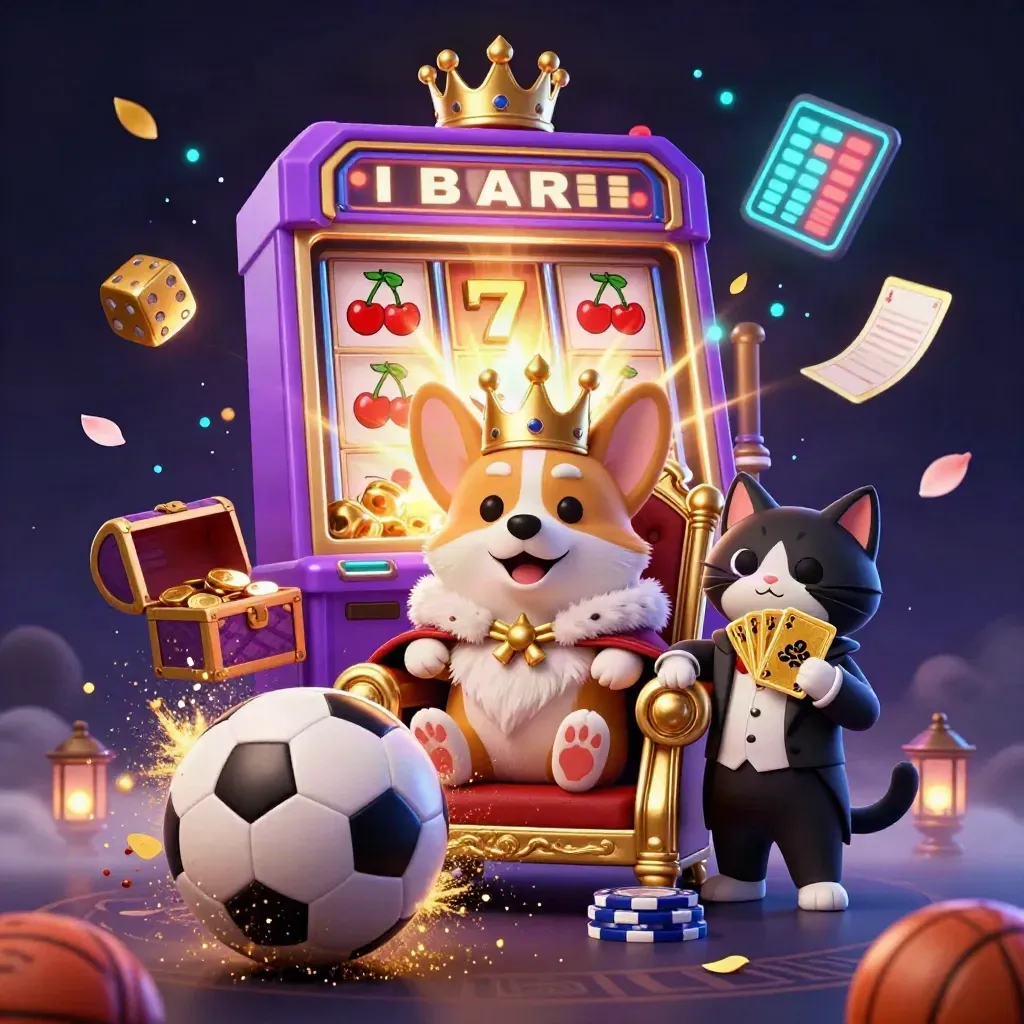 Crowned corgi and cat butler amid slot blast, sports balls, gold and neon casino glow