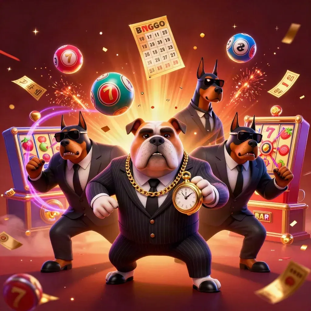 Mafia bulldog with Doberman guards amid casino loot, lottery balls, reels and fiery neon effects.