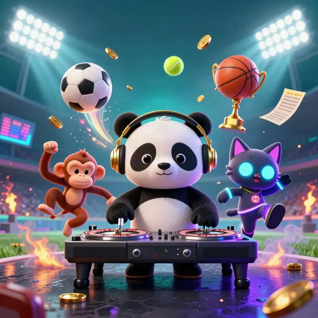 Panda DJ, breakdancing monkey, and glow kitten amid flying sports balls and gold casino glow
