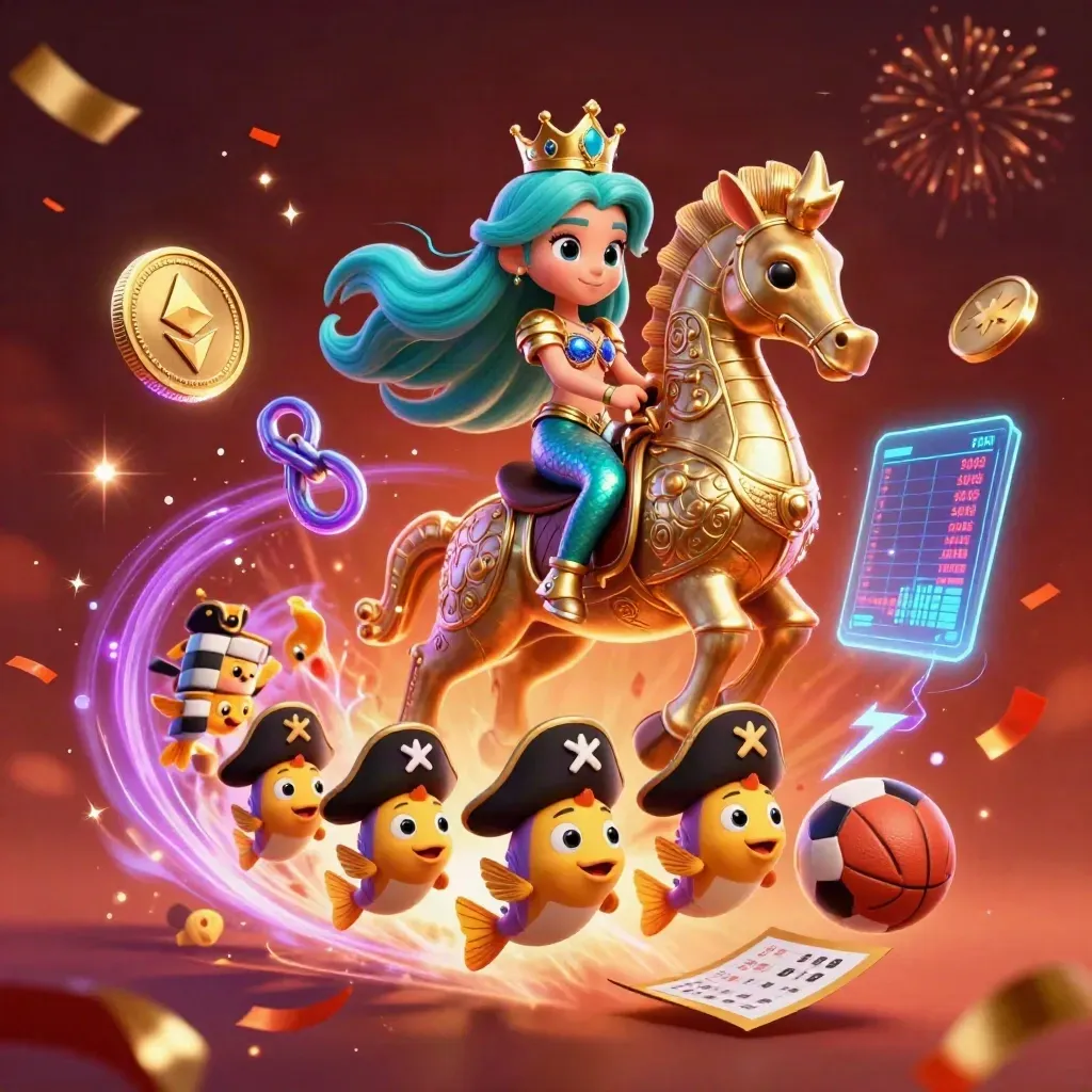 Mermaid princess on armored seahorse amid pirate fish, crypto coins, sports balls and neon casino energy.