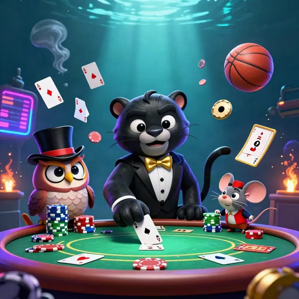 Panther, owl, and mouse clash over a glowing poker table with chips, aces, and sports balls.