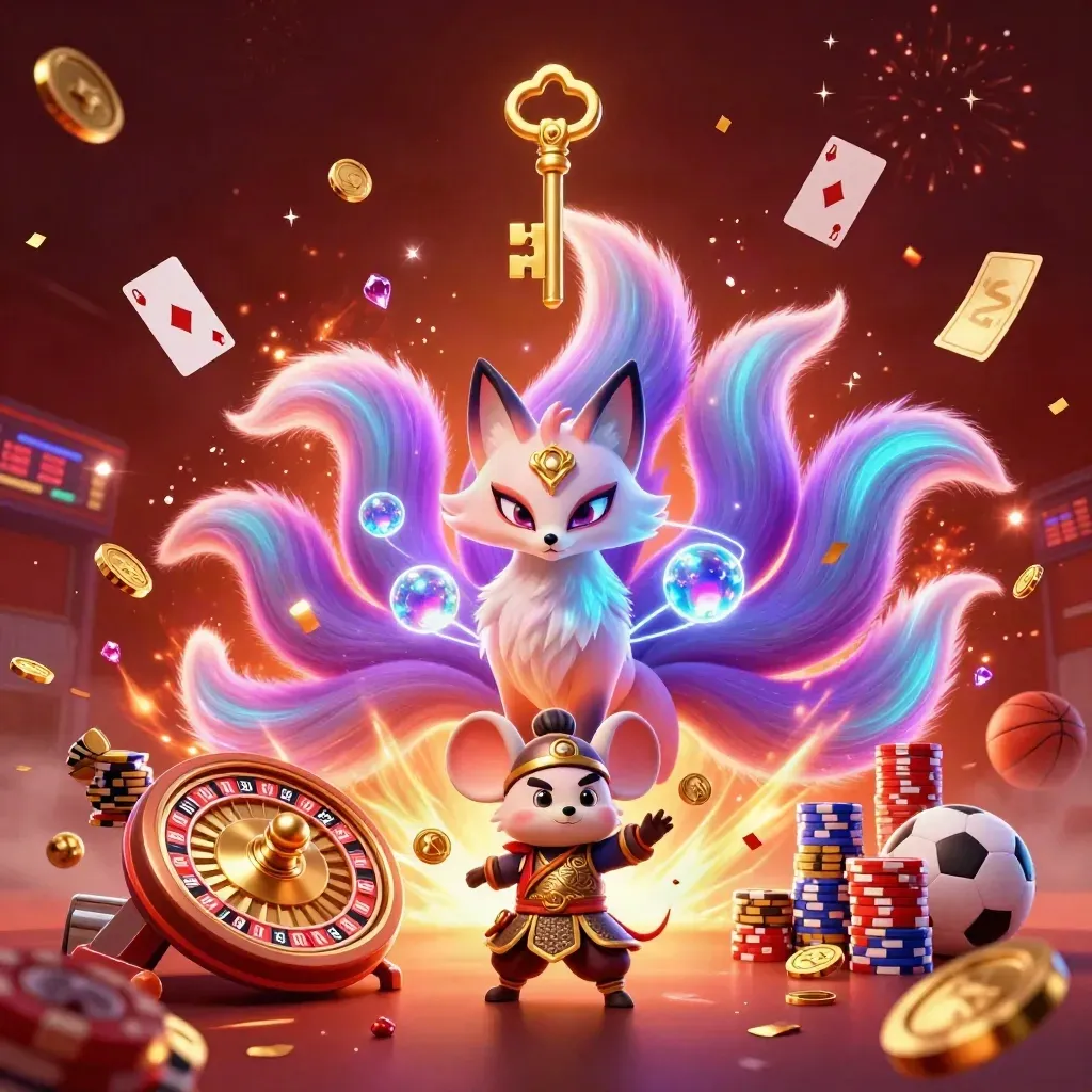 Fox spirit and samurai mouse amid casino coins, cards, chips, roulette, and glowing sports props