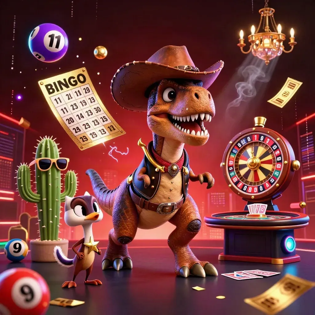 Cowboy T-Rex, cactus, and sheriff roadrunner amid casino bursts and neon lights.