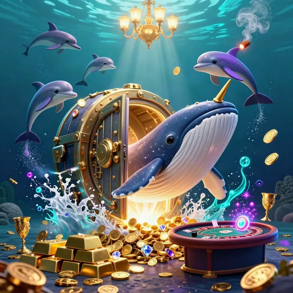 Whale, narwhal, and dolphins in a glowing underwater casino vault with gold and gems.