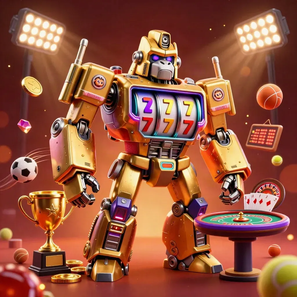 Golden slot-gorilla mech with monkey pilot amid casino props, sports balls, and ember-lit luxury