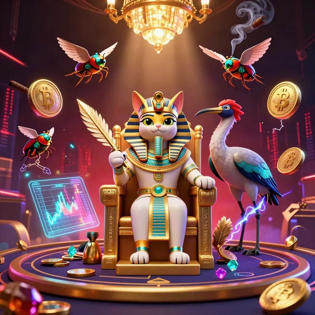Pharaoh cat on a gold throne with an ibis scribe, gem-wing scarabs, and neon crypto glow.