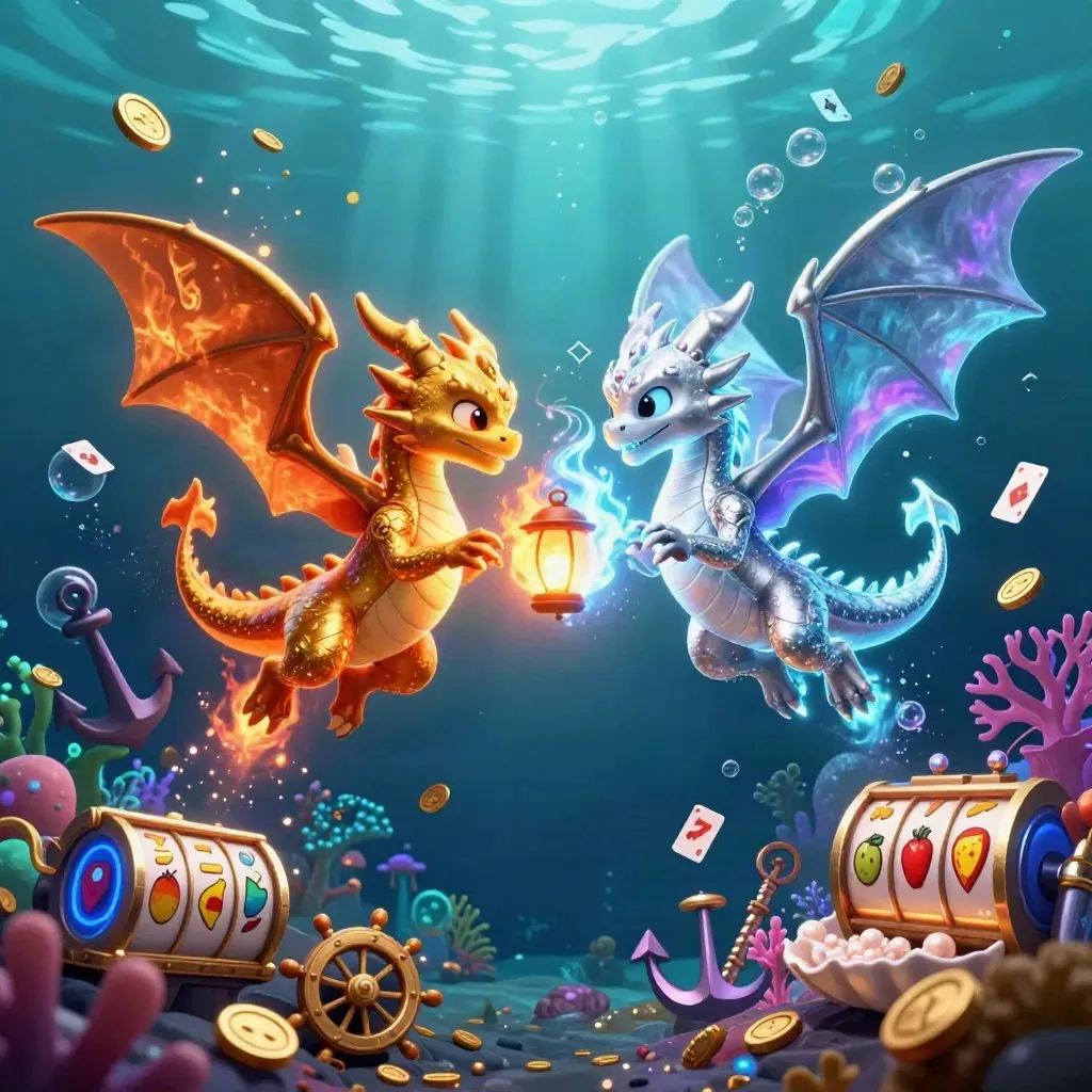 Twin gold and silver dragons swirl in an underwater casino treasure cove with glowing bubbles.