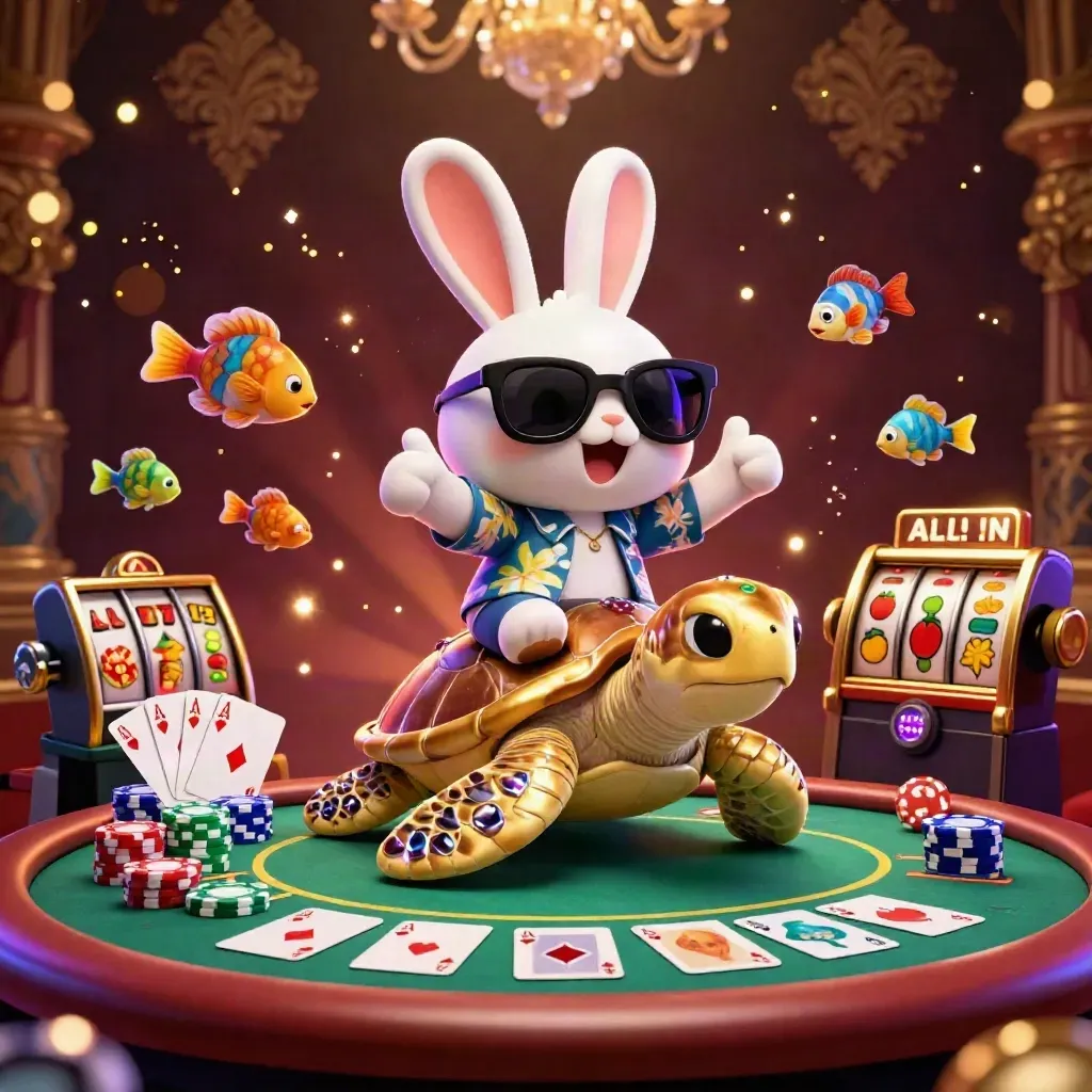 Rabbit on a golden sea turtle amid chips, aces, slots and casino glow.