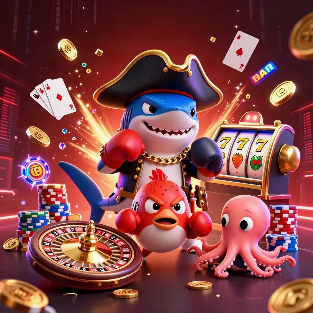 Pirate shark, pufferfish, and octopus amid casino coins, gems, chips, and glowing neon effects.