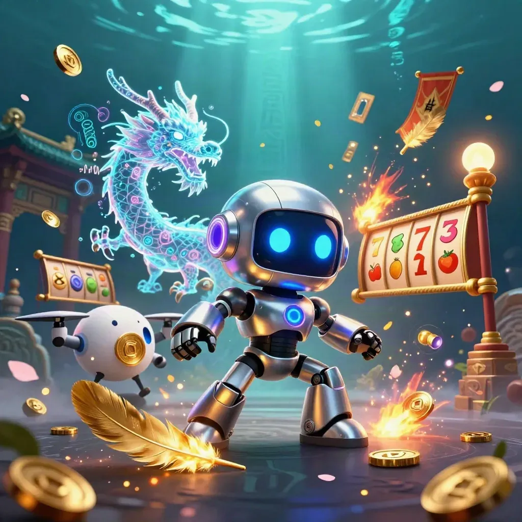 Cyberpunk robot, holographic dragon and drone burst amid coins, temple gate and neon purple casino glow.