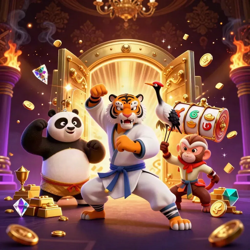Kung-fu tiger, panda, and monkey burst from a golden vault amid gems and purple casino glow.