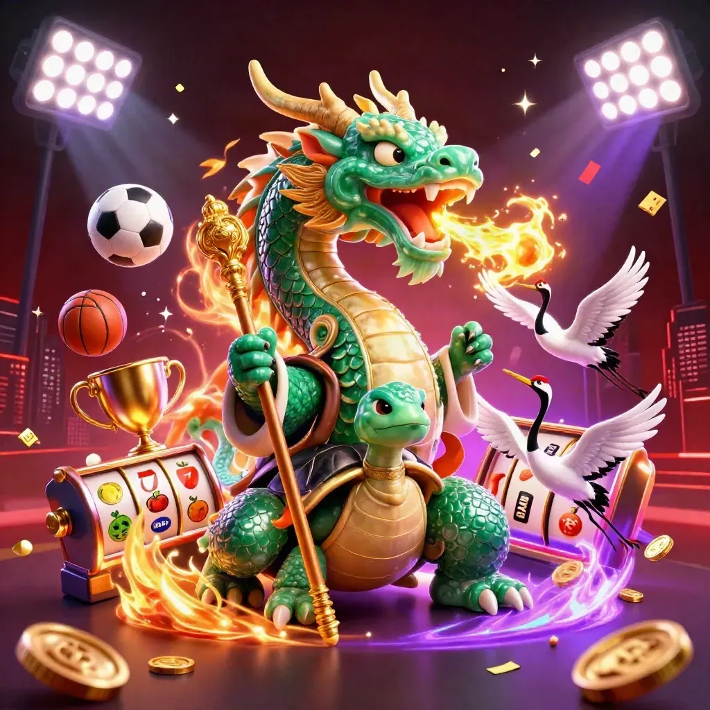 Emerald dragon, turtle sage and cranes amid sports gear, coins, fireworks and neon casino effects.