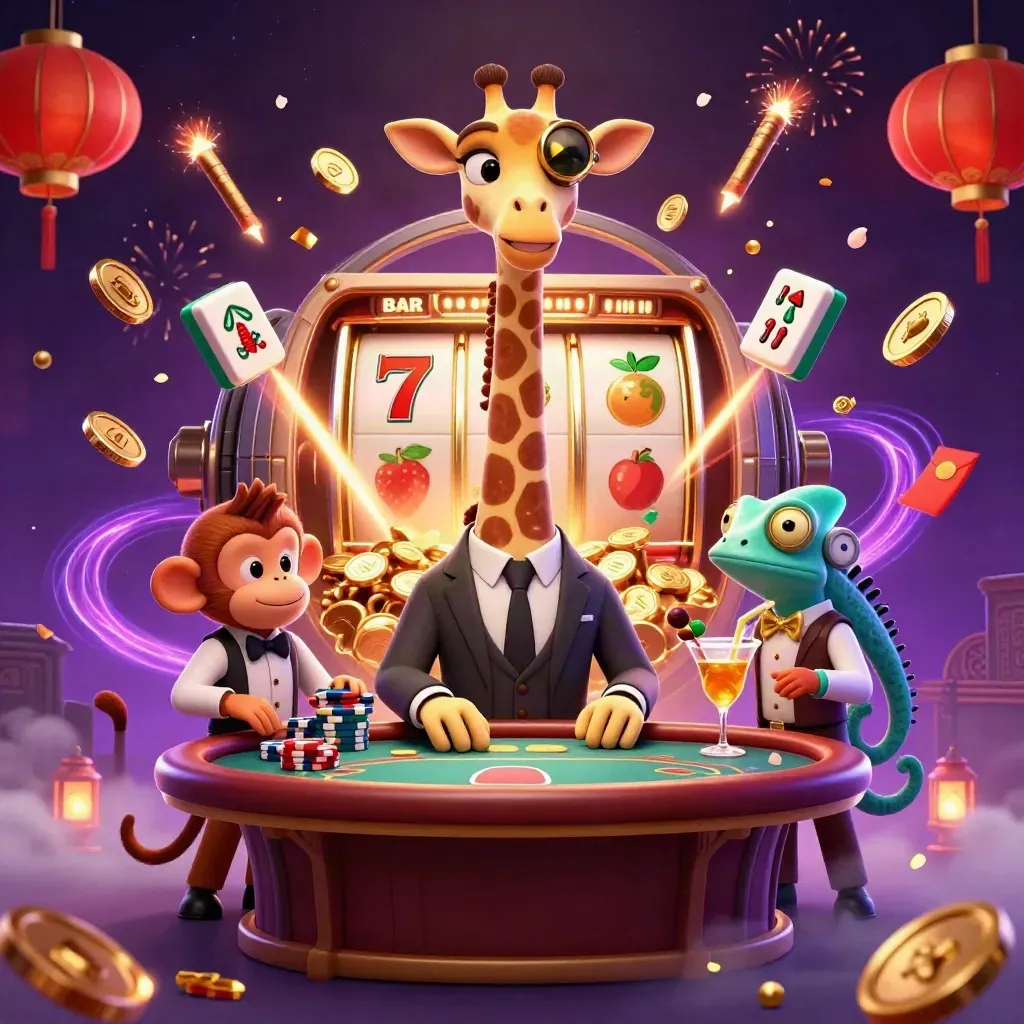Giraffe, monkey, and chameleon amid vault gold, lanterns, reels, and fireworks in neon purple and gold.