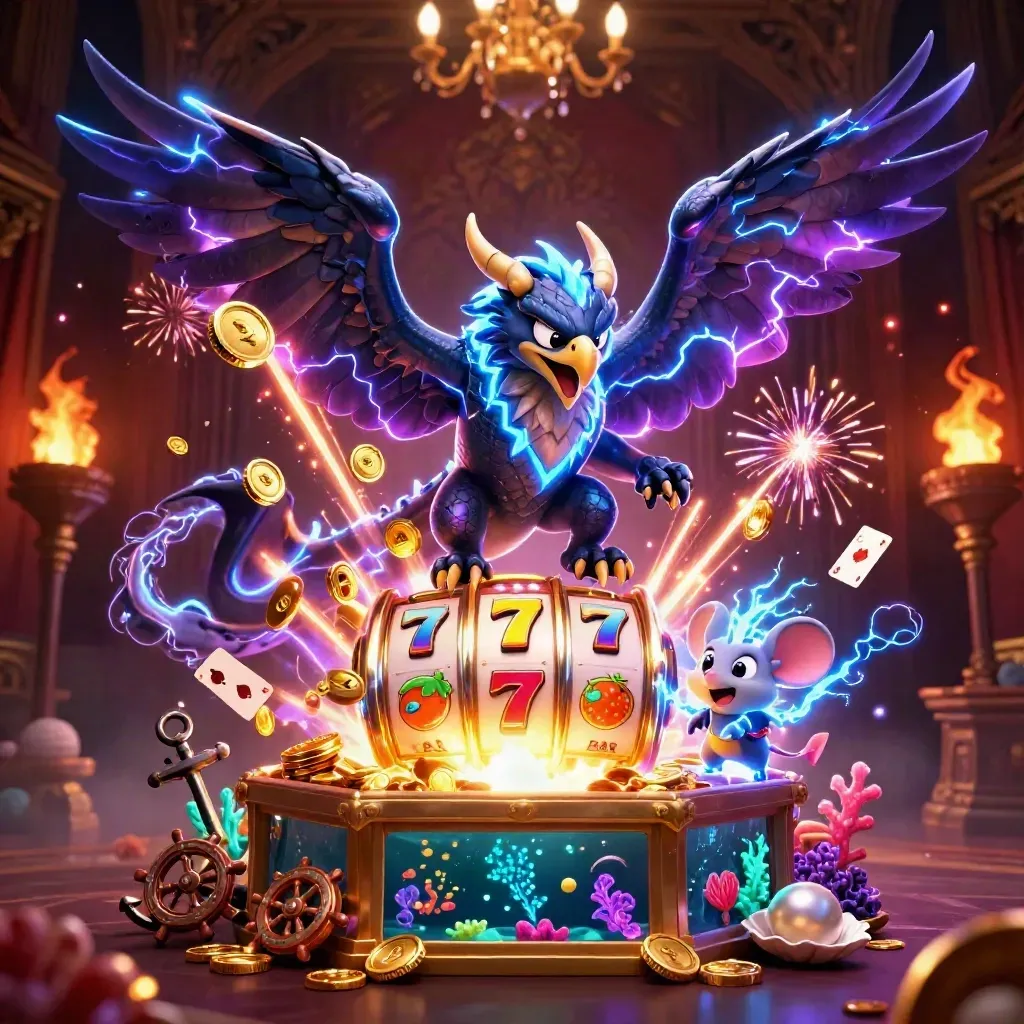 Thunder dragon, wind hawk, and static mouse amid gold coins, coral, and casino symbols