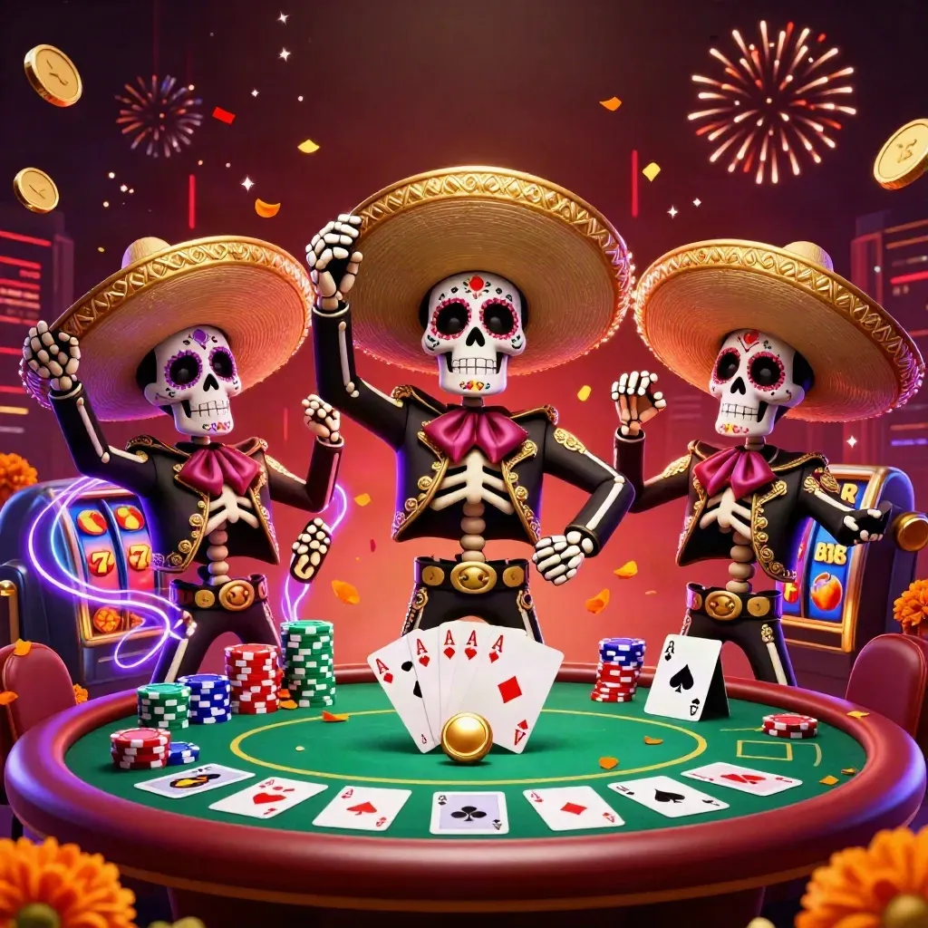 Skeleton mariachi trio amid coins, chips, slot reels, fireworks, and neon vault glow.
