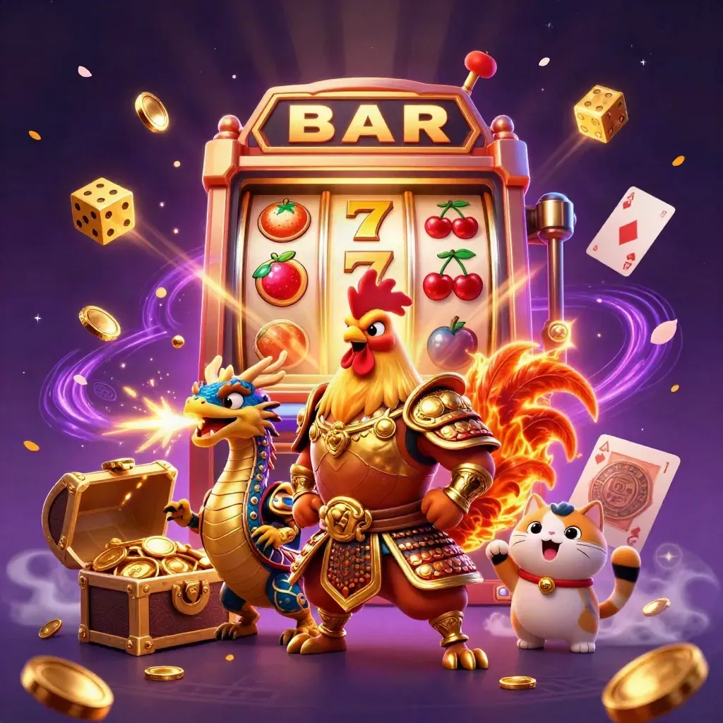 Rooster warrior, spark-breathing dragon hatchling, and fortune cat amid a bursting slot vault.