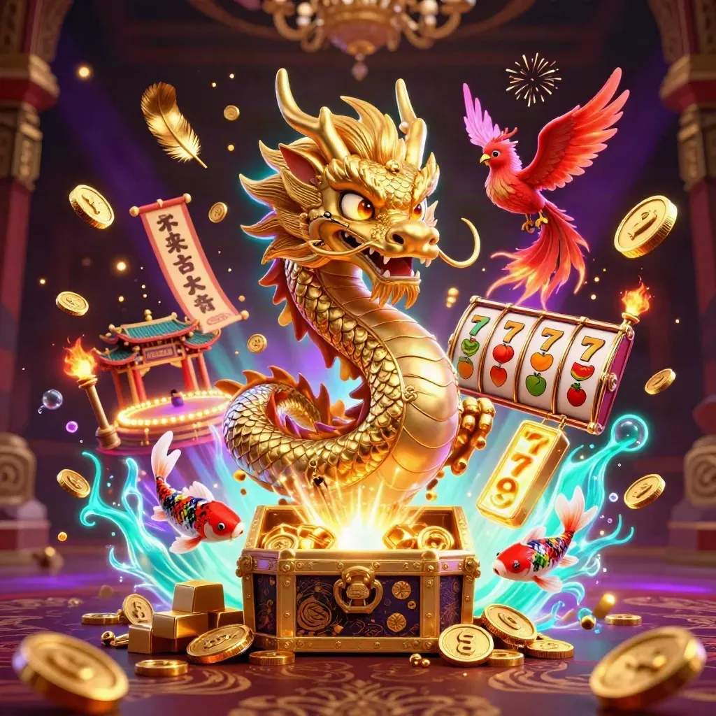 Golden dragon, phoenix, and koi erupting with coins, reels, fireworks, and a vault glow