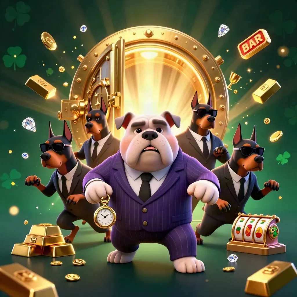 Mobster bulldog and Doberman bodyguards burst from a vault amid gold, gems, reels, and neon casino glow.