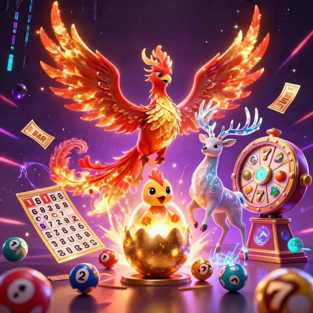 Phoenix, baby phoenix, and crystal stag amid casino symbols in neon purple and gold.