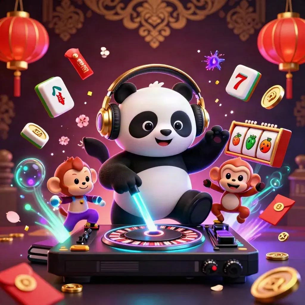 DJ panda, monkey, and rave kitten amid roulette reels, jade coins, lanterns, and neon casino glow.
