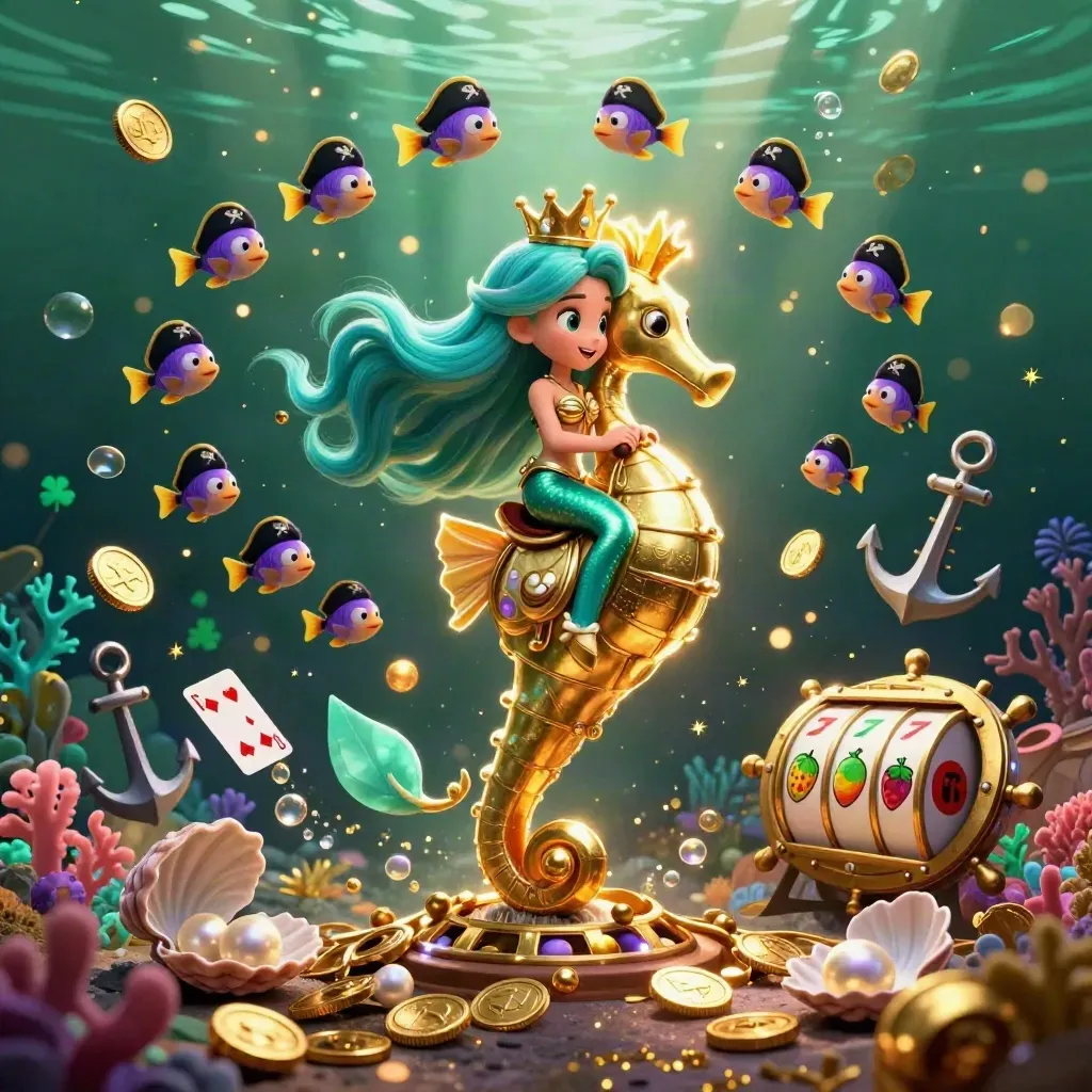Mermaid princess rides an armored seahorse amid coins, fish, coral, and casino glow.