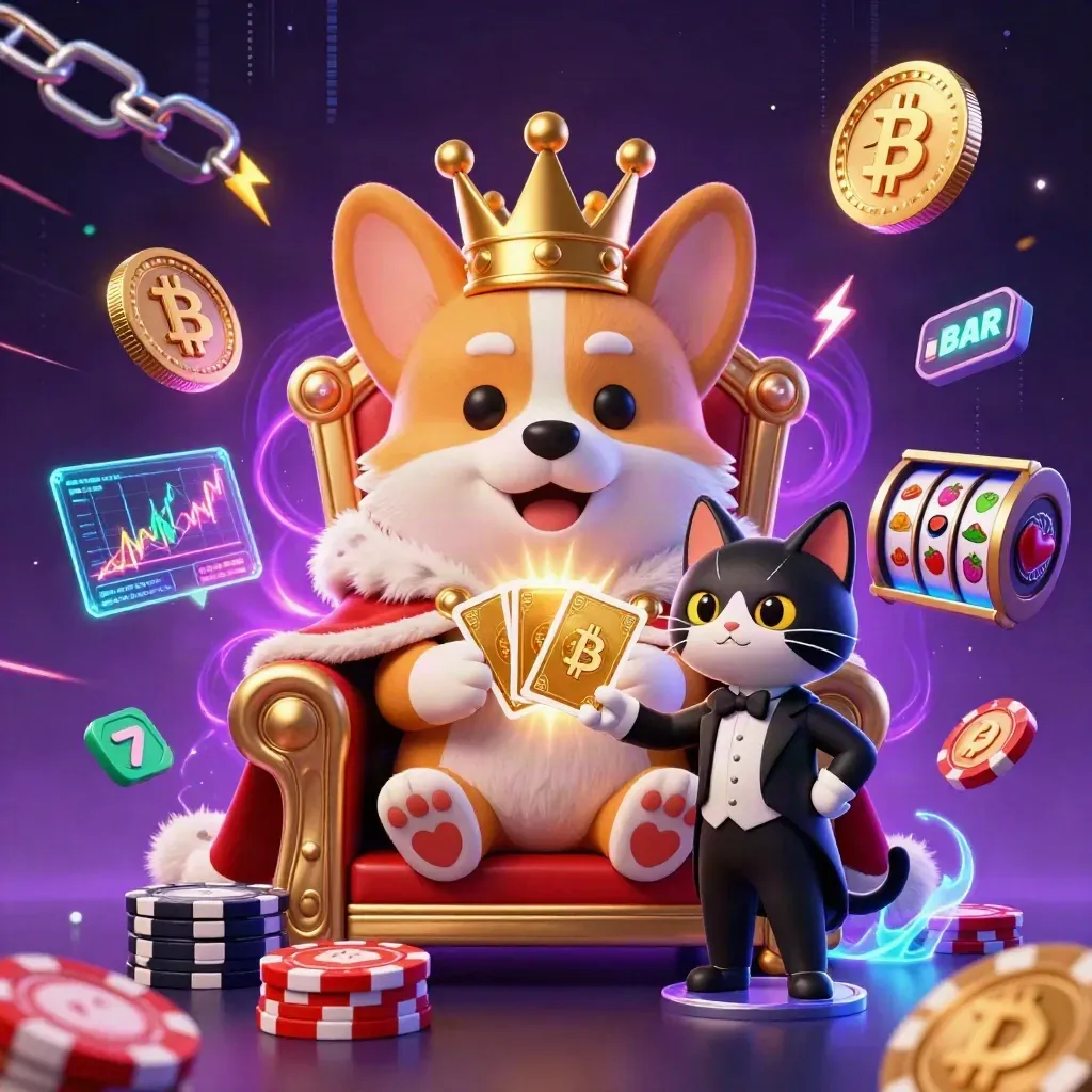 Royal corgi king and cat butler amid neon crypto slots and casino energy