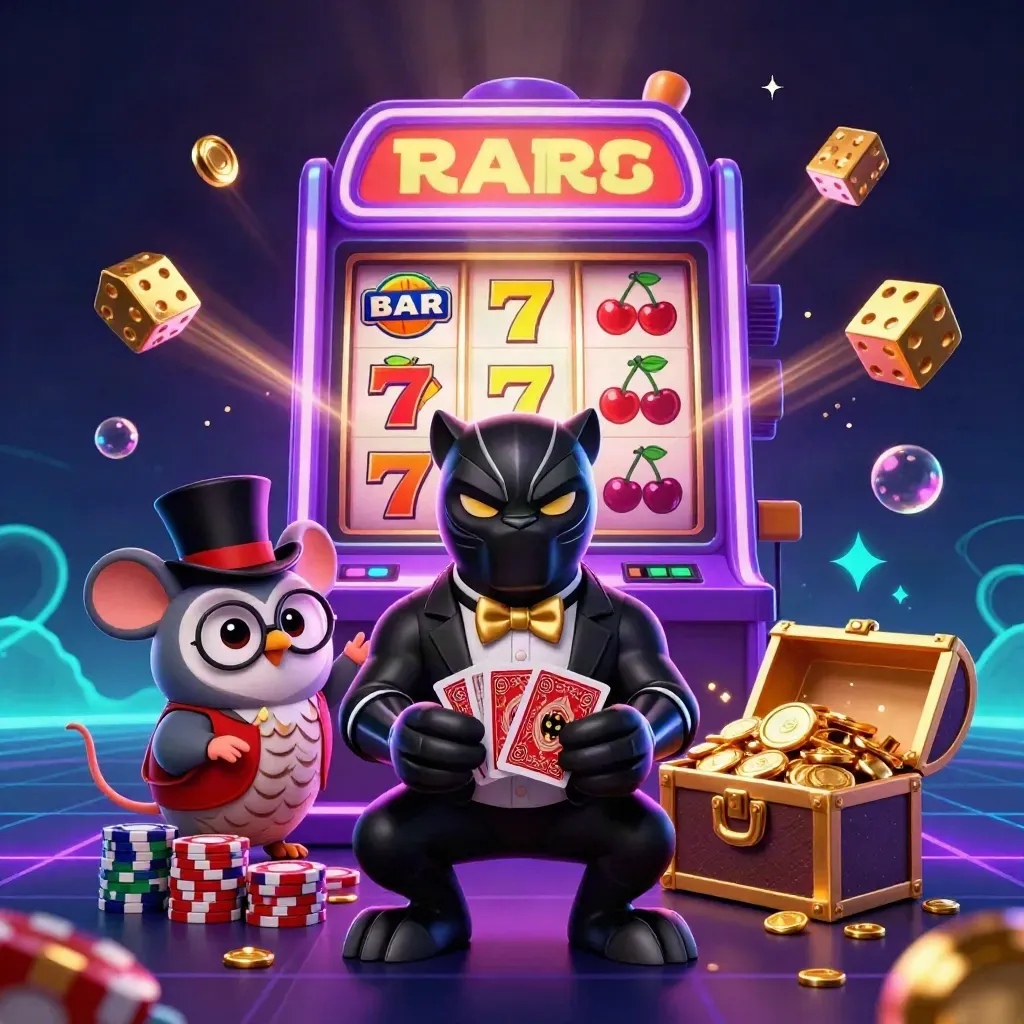 Panther, owl, and mouse amid exploding slot reels, chips, dice, and gold in neon casino glow.